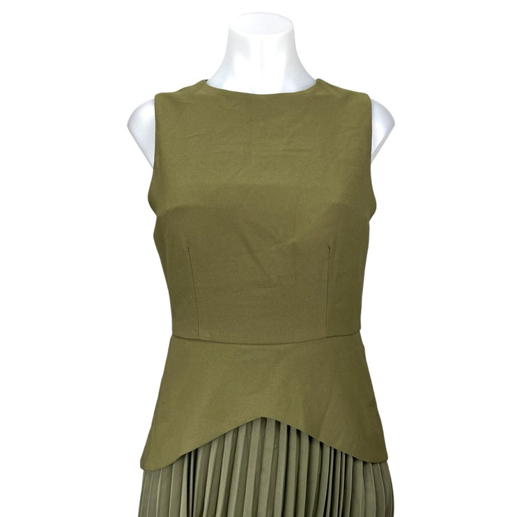 Commense Green Sleeveless Pleated Plisse Layered Mini Tank Flare A-Line Dress M