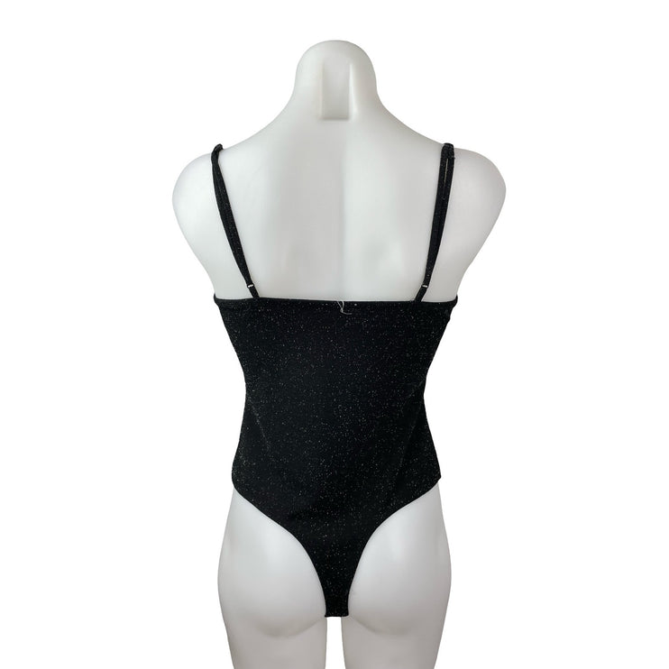 Garage Black Glitter Sparkly Shimmer Square Neck Cami Tank Thong Bodysuit Top M