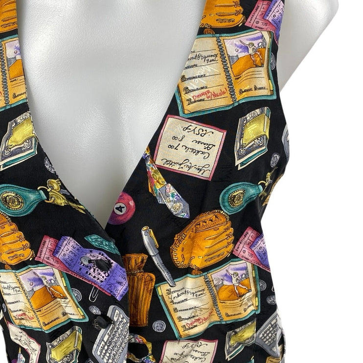 Vintage Nicole Miller Multicolor 100% Silk Graphic Print Sleeveless Vest Top XL