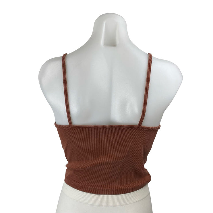 Zara Women's Brown Sleeveless Rib Knit Ruched V Neck Cami Tank Crop Top Size M