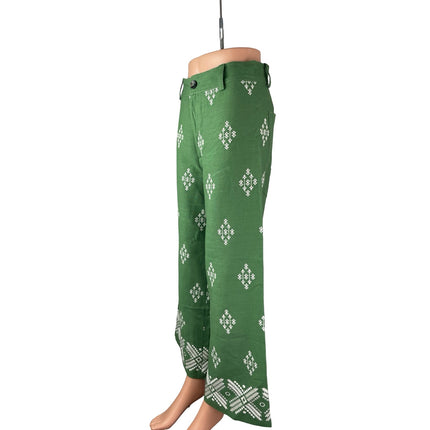 Zara Women's Green White Linen Embroidered High Rise Crop Wide Leg Trousers S