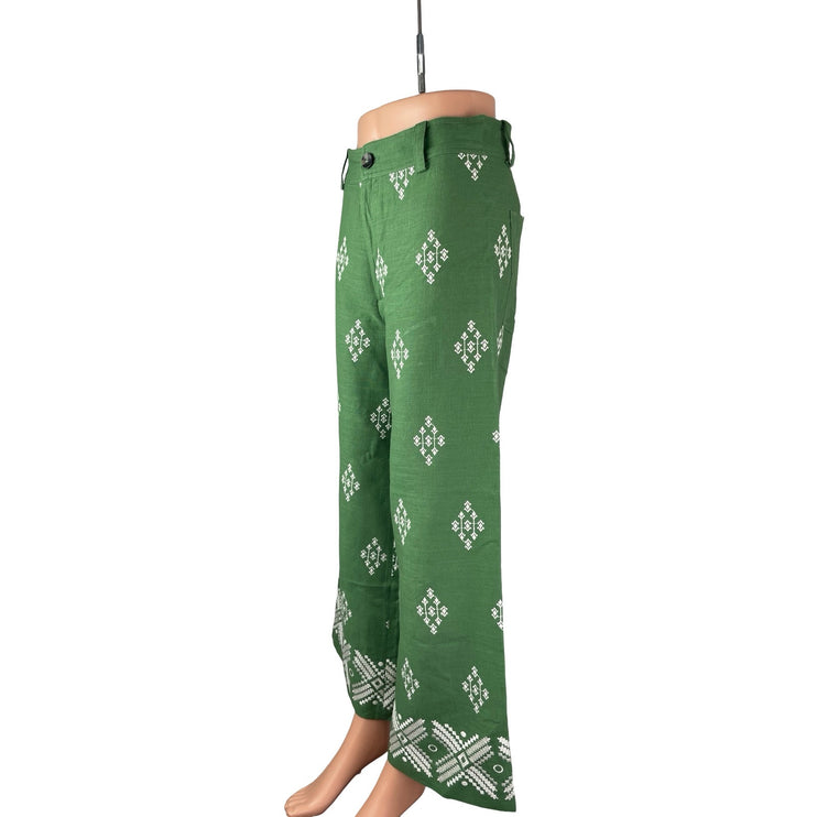 Zara Women's Green White Linen Embroidered High Rise Crop Wide Leg Trousers S