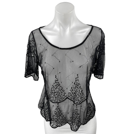 Women's Black Sequin Sparkly Lace Semi Sheer Short Sleeve Blouse Top Size S