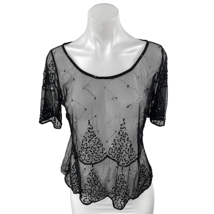 Women's Black Sequin Sparkly Lace Semi Sheer Short Sleeve Blouse Top Size S