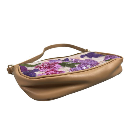 Women's Tan Purple Floral Sequin Embroidered Y2k Baguette Shoulder Handbag OS