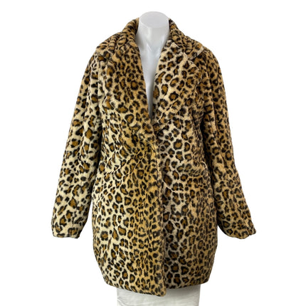 Aakaa Women's Brown Black Long Sleeves Leopard Print Faux Fur Coat Jacket Size M