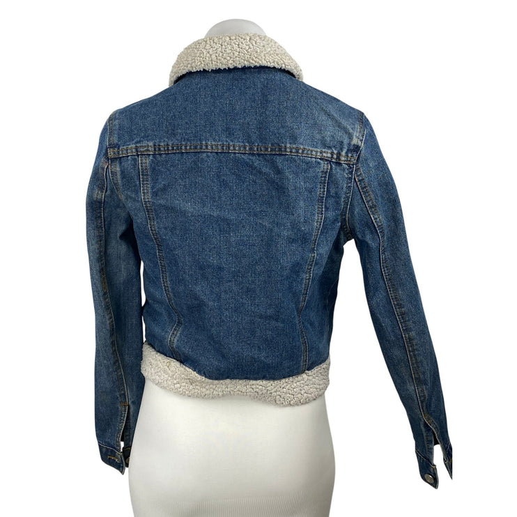 Refuge Women's Blue Sherpa Trim Full Zip Long Sleeve Trucker Denim Jean Jacket S