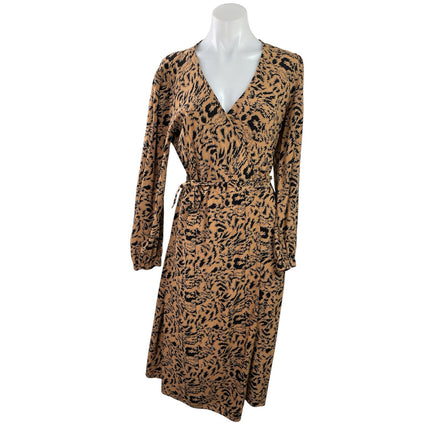 Y.A.S Women's Brown Leopard Print V Neck Long Sleeve Midi A-Line Wrap Dress Sz L