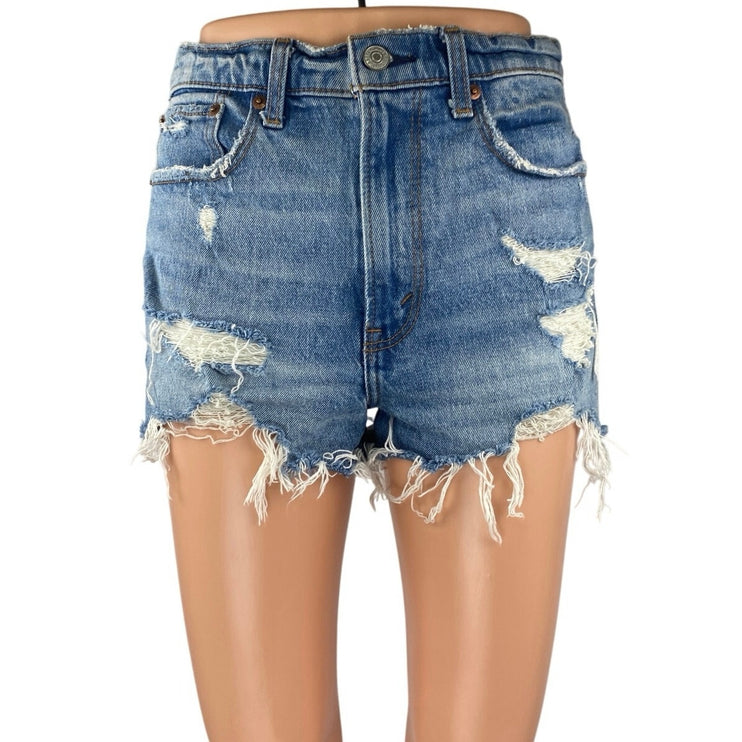Abercrombie & Fitch Blue Distressed Frayed High Waist Denim Jeans Mom Shorts 25