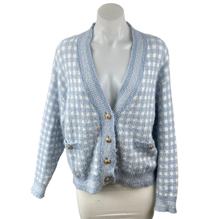 Aqua Blue White Checkered Plaid V Neck Long Sleeve Crop Cardigan Sweater Top L