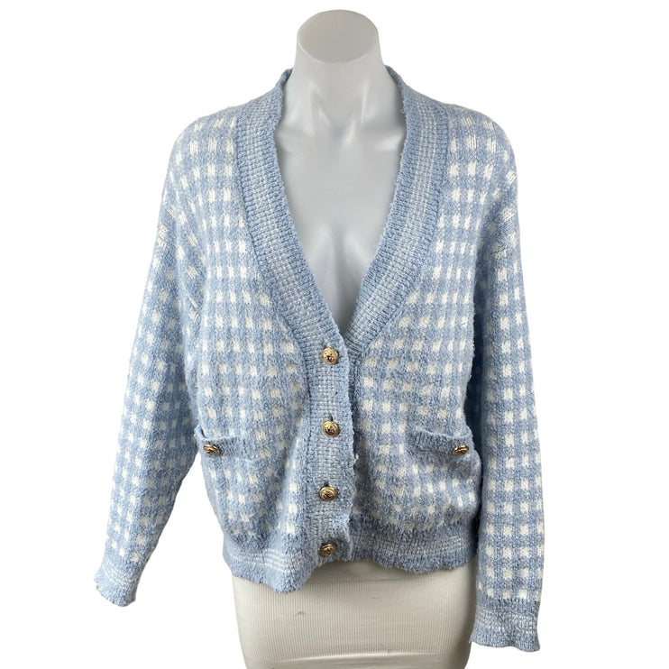 Aqua Blue White Checkered Plaid V Neck Long Sleeve Crop Cardigan Sweater Top L