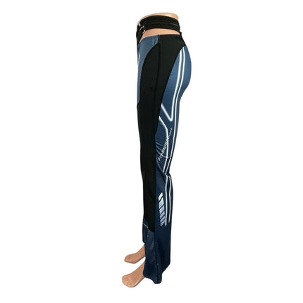 Blue Black Cutout Mid Waist Y2k 90s Flared Tight Colorblock Trousers Pants Sz XS