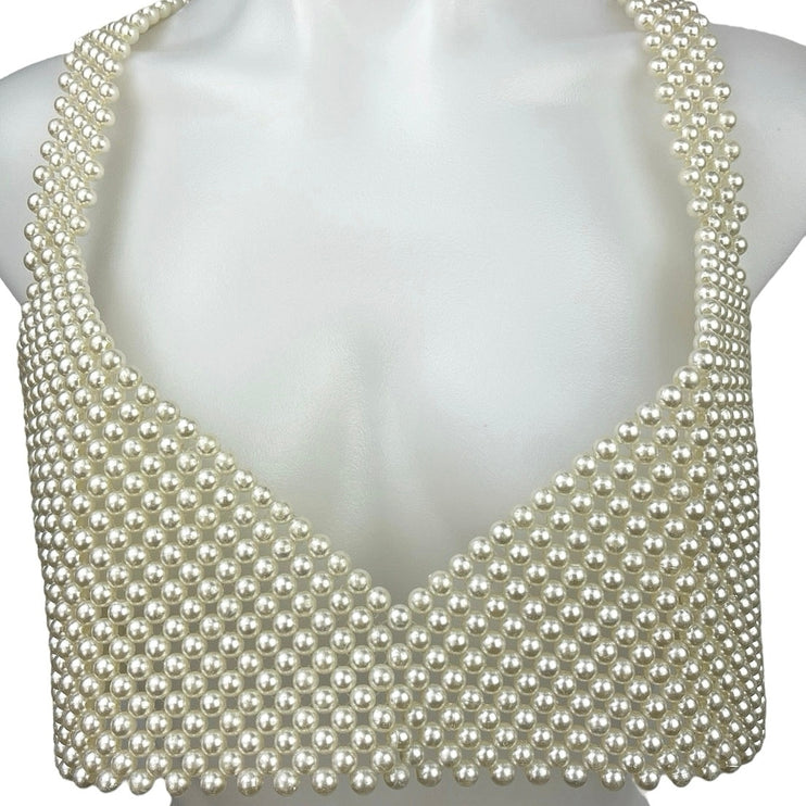 Women's White V Neck Sleeveless Pullover Chic Pearl Chain Beaded Crop Top Size M