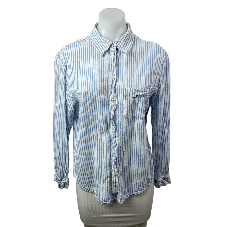 H&M Linen Womens Blue White Striped Collared Long Sleeve Button Down Shirt Top M45
