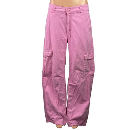 Pull & Bear Womens Pink High Waist Wide Leg Baggy Trousers Cargo Jeans Pants 12