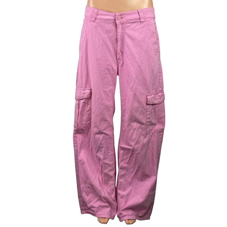 Pull & Bear Womens Pink High Waist Wide Leg Baggy Trousers Cargo Jeans Pants 12