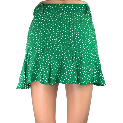 Zara Women's Green Polka Dot Ruffle Hem Belted Tie Waist Mini Skirt Skort Sz XS