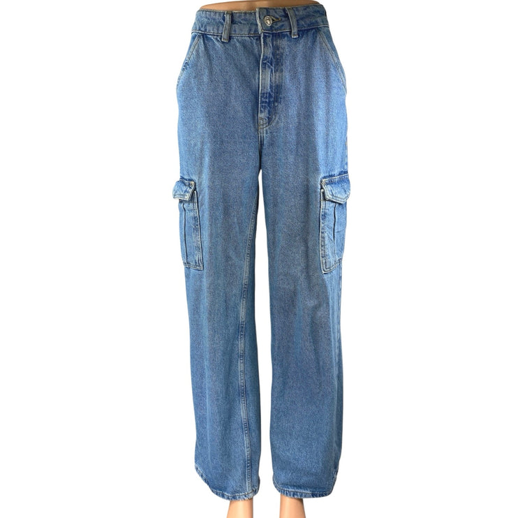 Zara Women's Blue High Waisted Straight Wide Leg Cargo Denim Jeans Pants Size 2