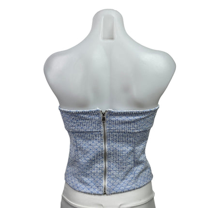 Shein Women's Blue Tweed Strapless Tube Bandeau Button Up Blouse Top Size S