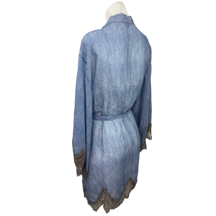 Savage x Fenty Womens Blue Chiffon Lace Eyelet Belted Chambray Denim Robe M/L