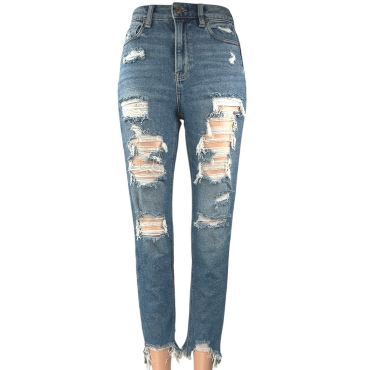 American Eagle Women's Blue Distressed Stretch High Rise Mom Denim Jeans Size 0