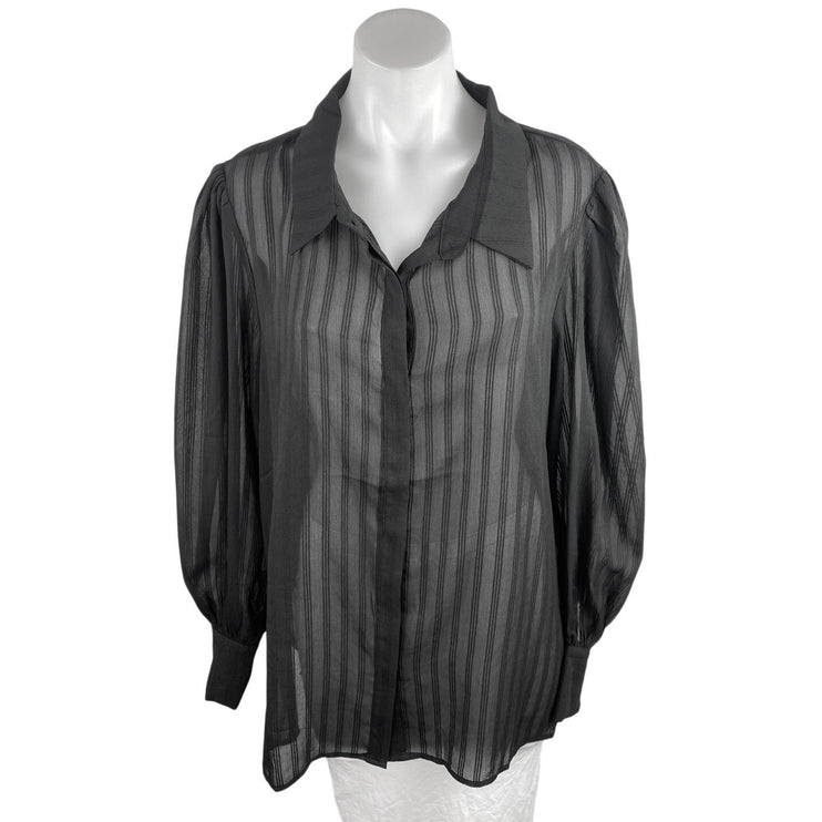 Showpo Women's Black Striped Long Sleeve Mesh Sheer Button Up Shirt Top Size 16