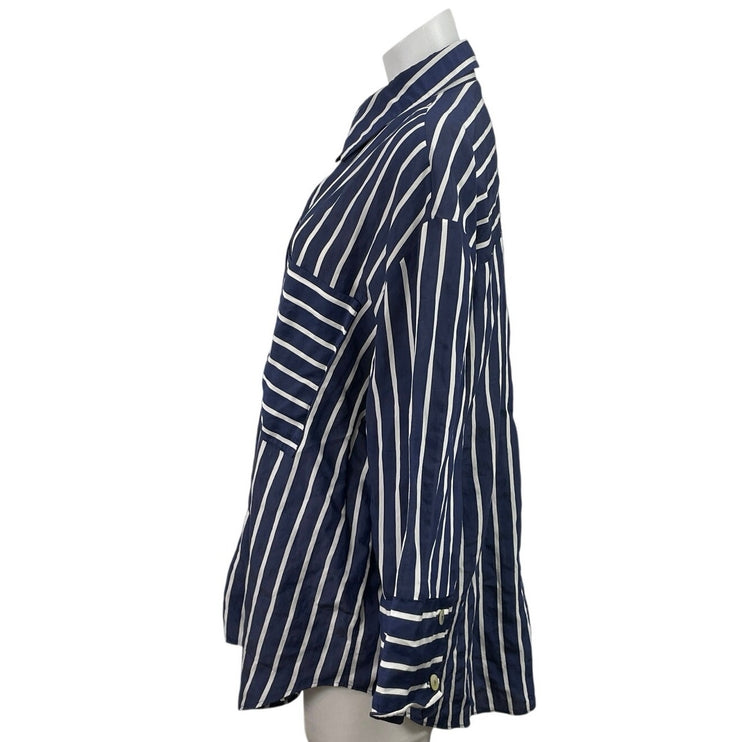 Zara Navy Blue Striped Pocket Oversized Relaxed Button Down Shirt Top Size L