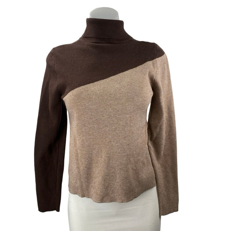 Commense Women's Brown Tan coloblock Turtleneck Long Sleeve Sweater Top Size L