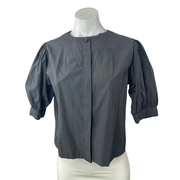 Ouie Women's Black Crew Neck Short Puff Sleeves Button Crop Blouse Top One Size