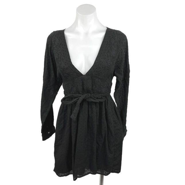 Free People NWT Black Plunge V Neck Open Back Tassel Tie Belted Mini D –  Brie
