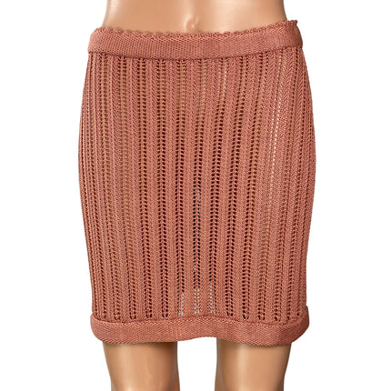 Savannah Morrow Mirana Pink Brown Crochet Knit High Waist Pencil Mini Skirt S