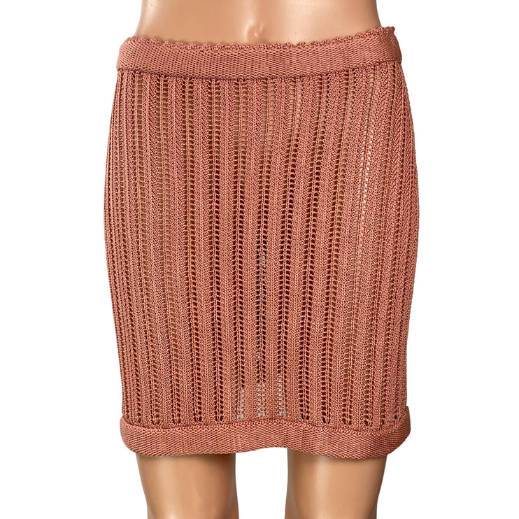 Savannah Morrow Mirana Pink Brown Crochet Knit High Waist Pencil Mini Skirt S
