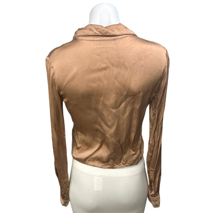 Aritzia Wilfred Brown Silk Satin Long Sleeve Collared Tie Hem Crop Top Size XXS