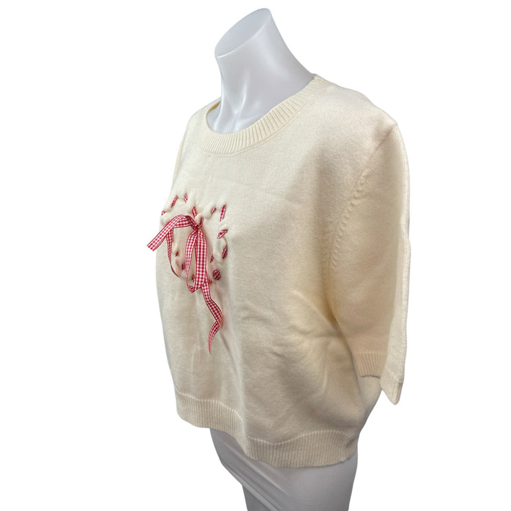 Cider Cream Gingham Check Heart Bow Tie Short Sleeve Knit Sweater Top Size 4XL