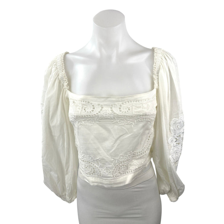 Farm Rio Women's White Floral Lace Embroidered Long Balloon Sleeve Blouse Top M