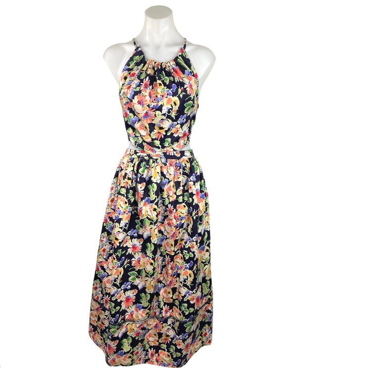 Someting Navy Blue Floral Print Cut Out Halter Cotton Poplin A Line Midi Dress M