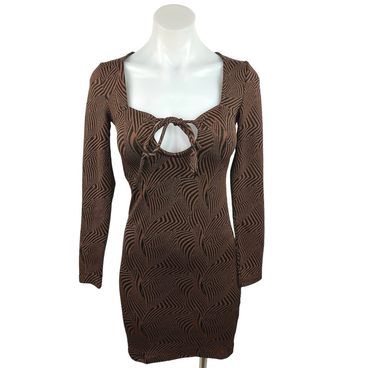 Zara NWT Brown Geometric Square Neck Keyhole Long Sleeve Mini Bodycon Dress Sz M