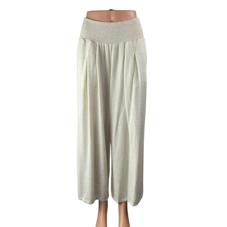 Women's White Smocked High Waisted Boho Wide Leg Cropped Trousers Pants Size L