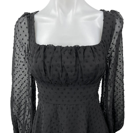 NEW WDIRARA Black Swiss Dot Puff Long Sleeve Mini Fit & Flare A-Line Dress XXS