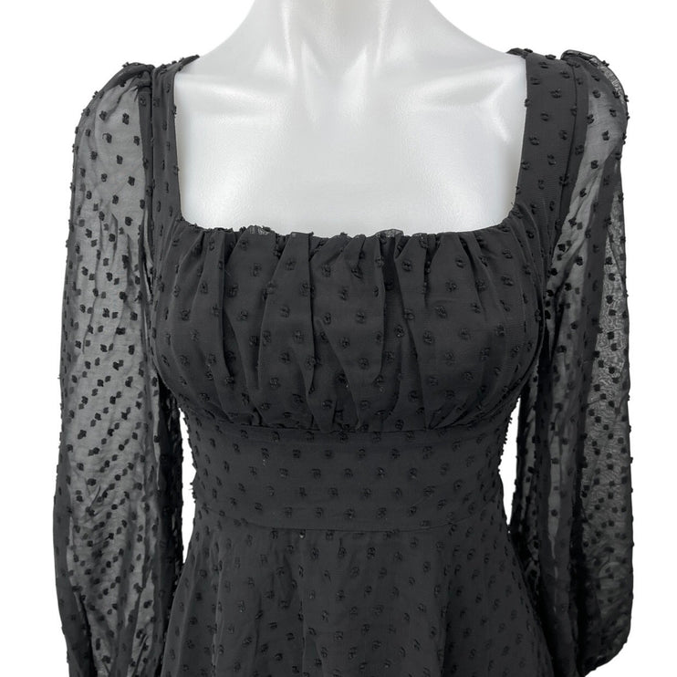 NEW WDIRARA Black Swiss Dot Puff Long Sleeve Mini Fit & Flare A-Line Dress XXS