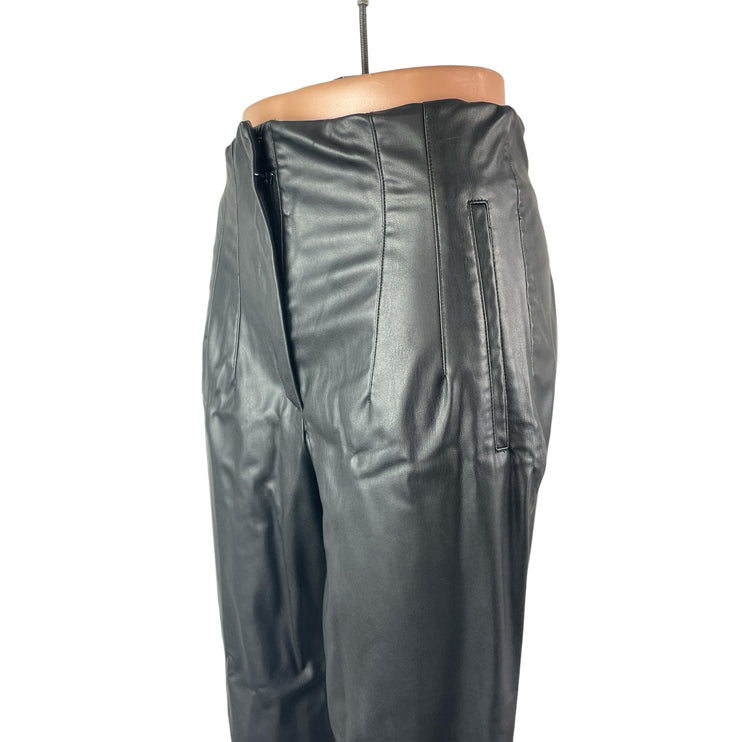 Zara Women's Black Faux Leather Vegan High Rise Straight Trousers Pants Size M
