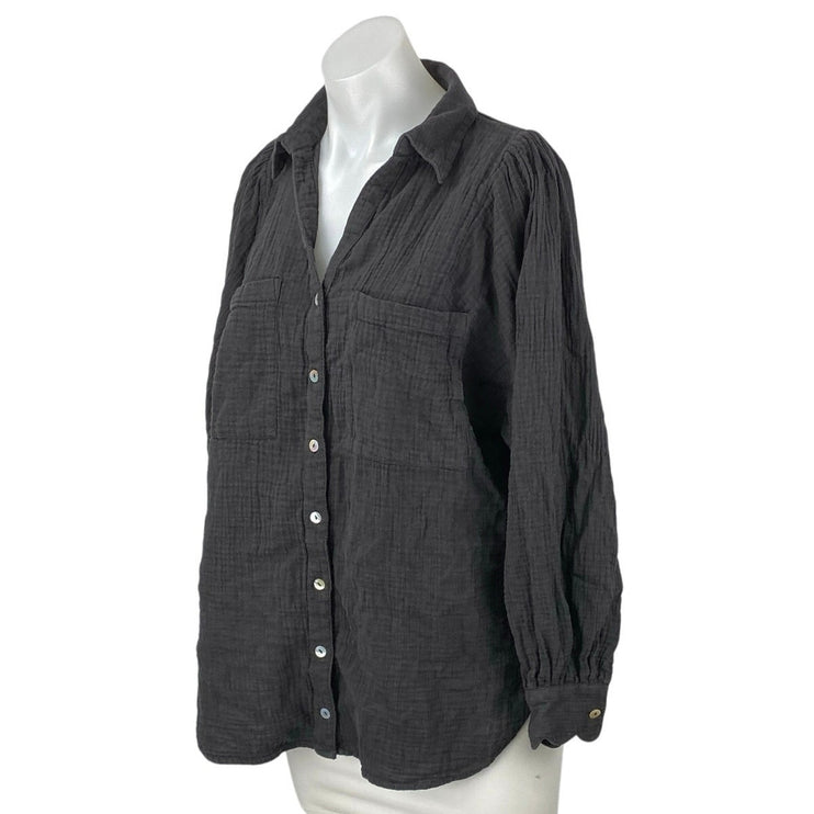 Topshop Women's Dark Gray Long Balloon Sleeve Pocket Button Up Shirt Top Size 2