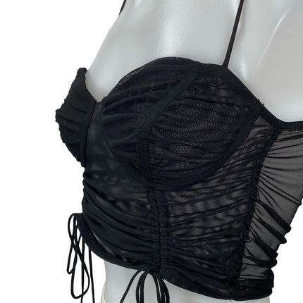 Princess Polly Black Mesh Sheer Sleeveless Bustier Corset Tie Crop Top Size S