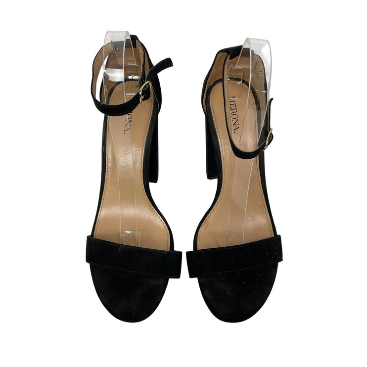 Merona Lulu Women's Black Suede Ankle Strap Open Toe High Block Heels Sandals 9