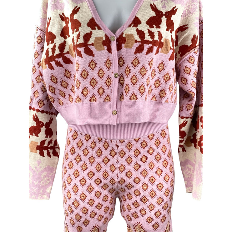 NEW Free People Pink Knit Snow Bunny Crop Sweater 2-Piece Pajama Lounge Set Sz S