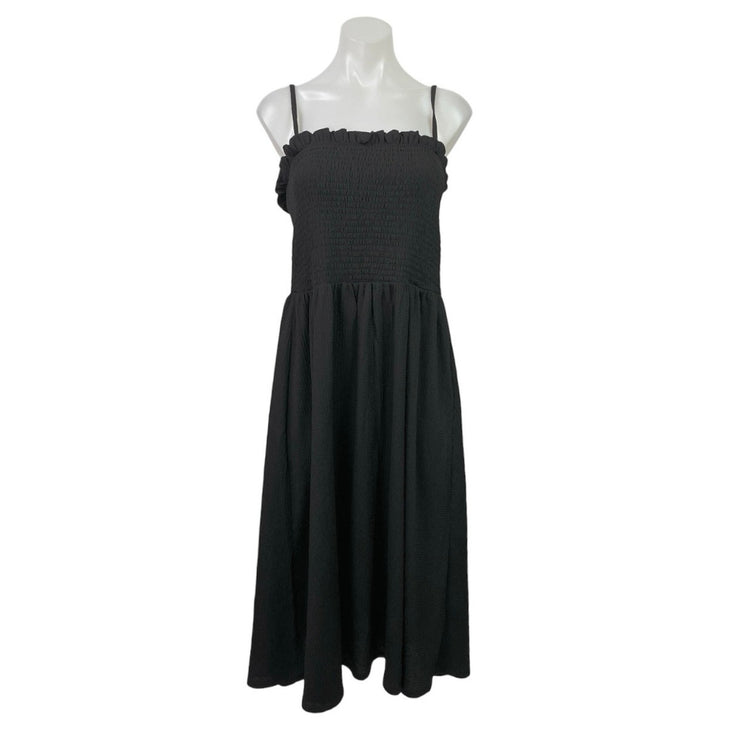 H&M Womens Black Smocked Sleeveless Midi Cami Camisole Tank Flare A-Line Dress L