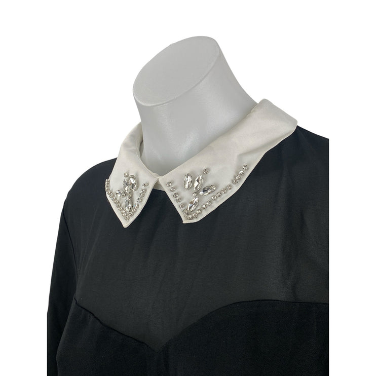 Faith and Joy Women's Black Mesh Long Sleeve Collared Layered Blouse Top Size L