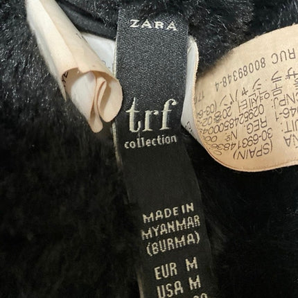 Zara Women's Black Faux Shearling Full Zip Hooded Hoodie Teddy Sweater Jacket M