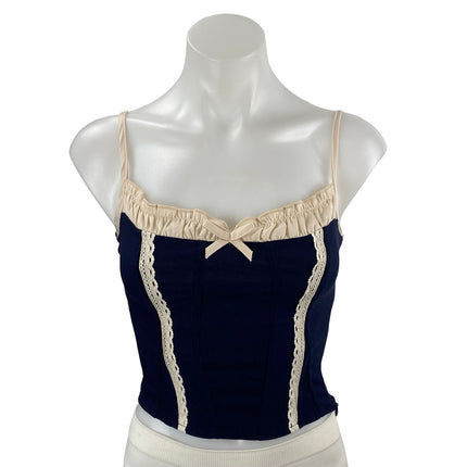 Motel Women's Navy Blue Lace Bow Corset Bustier Sleeveless Cami Crop Top Size XS