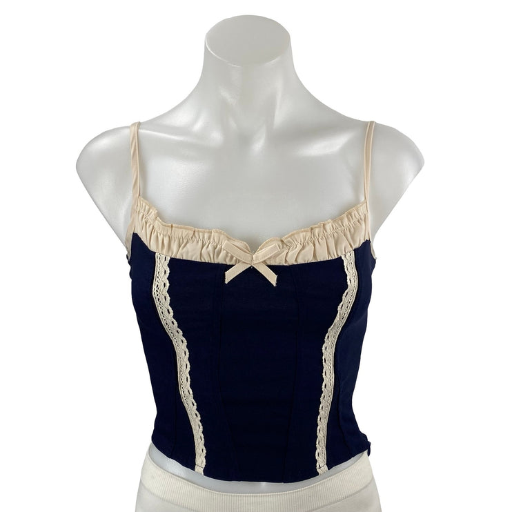 Motel Women's Navy Blue Lace Bow Corset Bustier Sleeveless Cami Crop Top Size XS